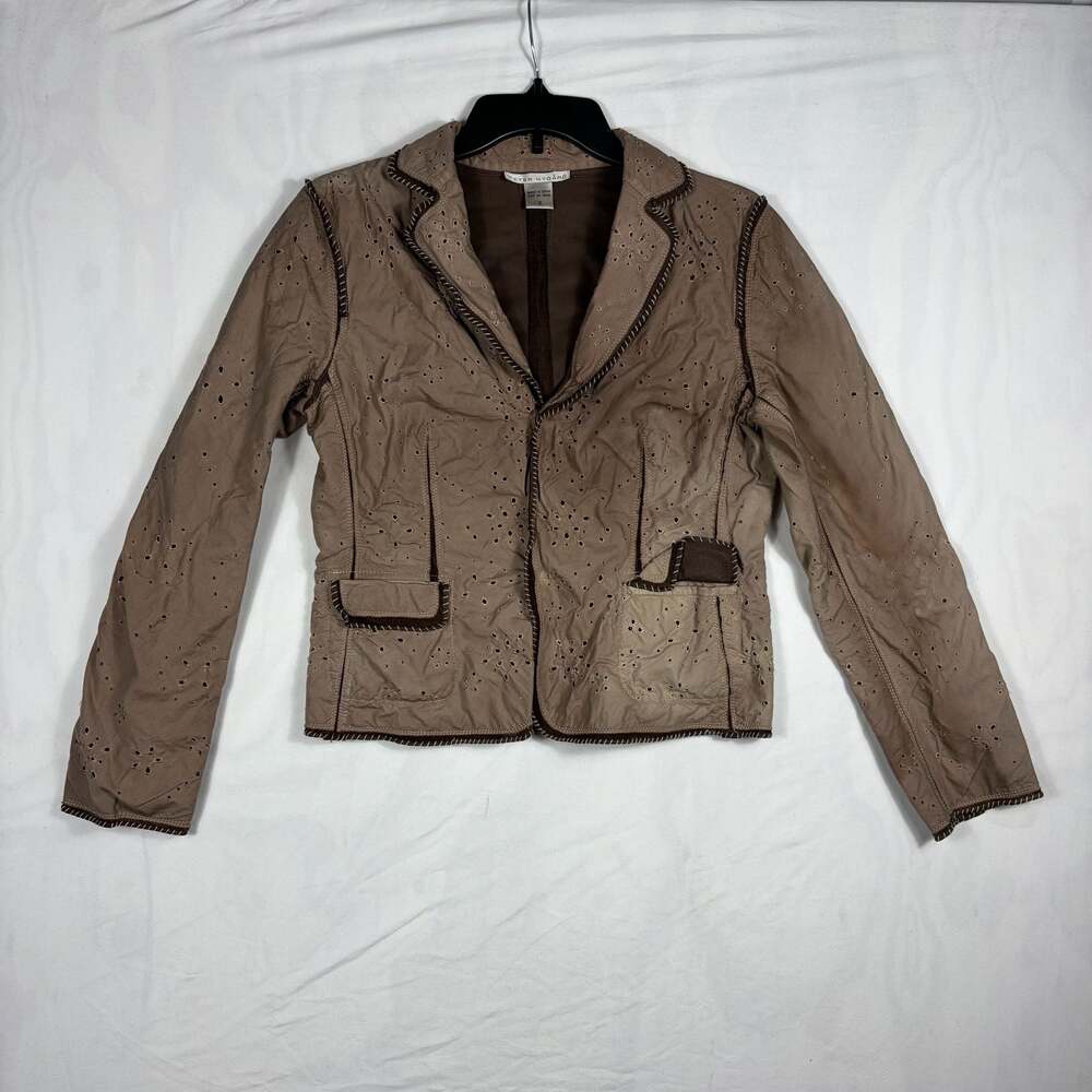 Peter Nygard Brown Eyelet Cotton Leather Trim Blazer Jacket Style 1112480 Size 8